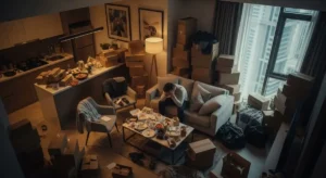 A stressed resident sitting in a cluttered, small Dubai apartment feeling overwhelmed by junk.