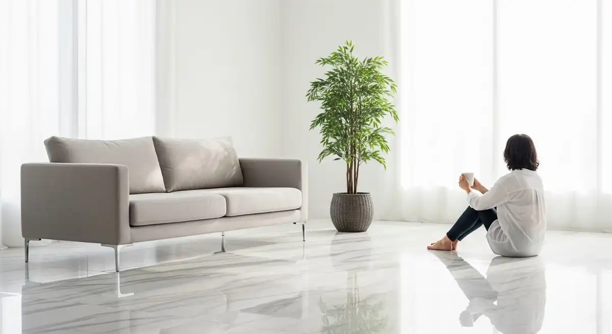 A bright, clean, and organized Dubai apartment interior showing the mental relief of a clear space.
