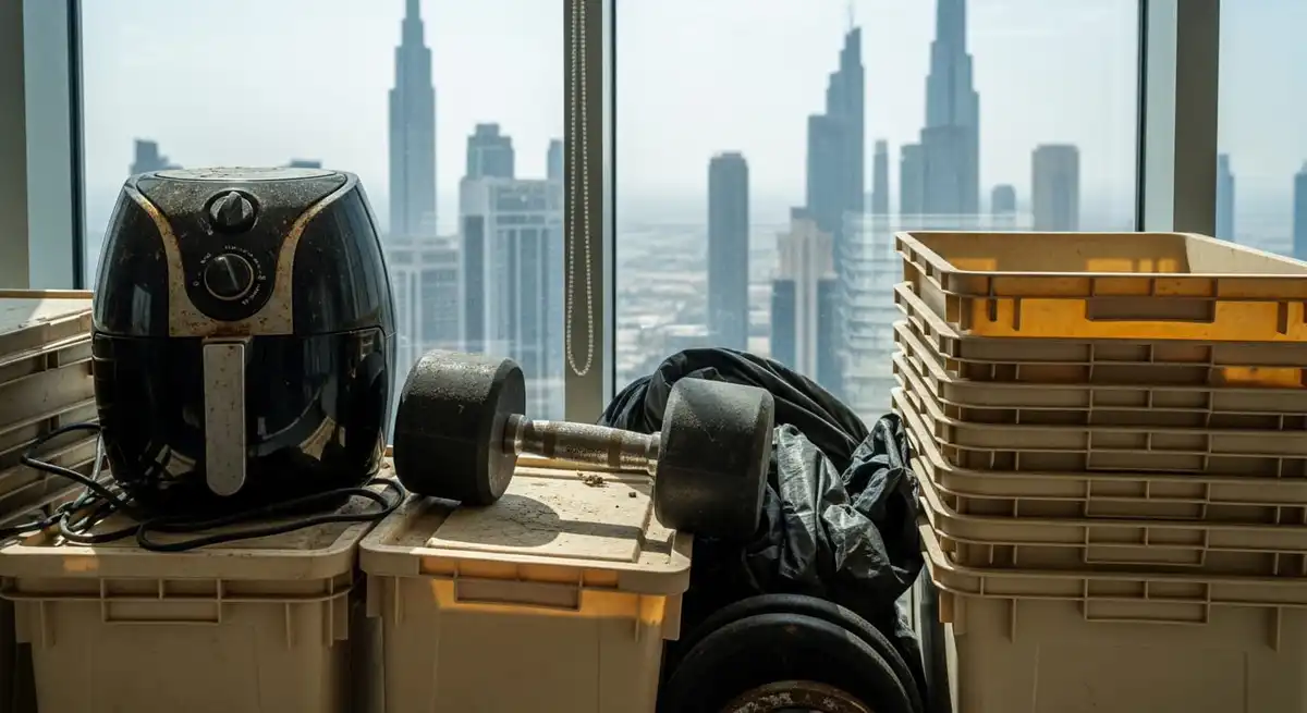Old appliances and junk piled up in a compact Dubai apartment, representing emotional weight.