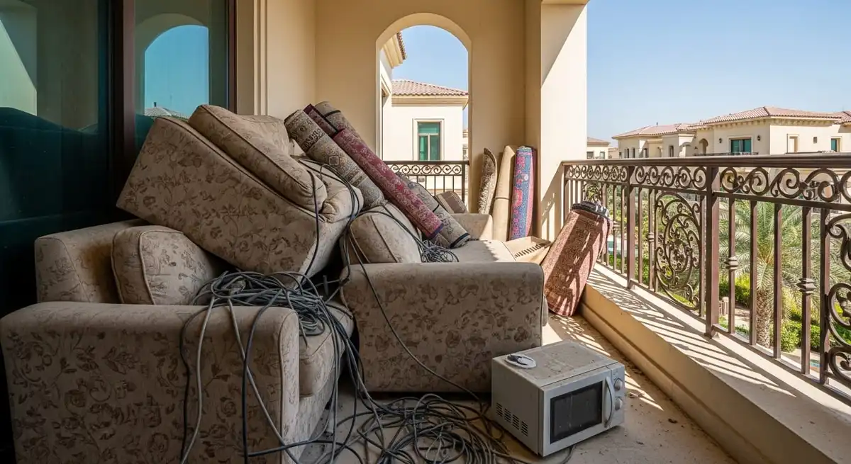 A cluttered villa balcony in Dubai filled with an old sofa, broken microwave, and general household waste waiting for removal.
