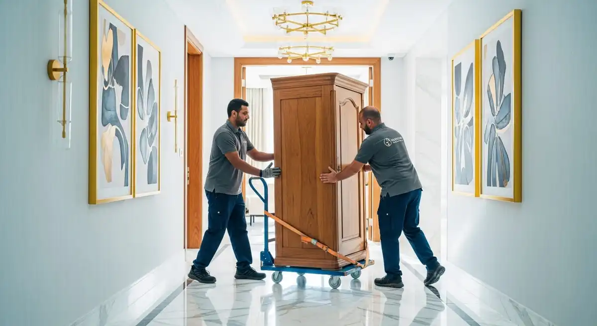 Professional junk removal team in uniforms safely moving a heavy wooden wardrobe through a luxury apartment hallway in Dubai.
