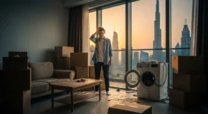 A stressed person standing among piles of old furniture and junk in a modern Dubai apartment with the Burj Khalifa visible through the window.
