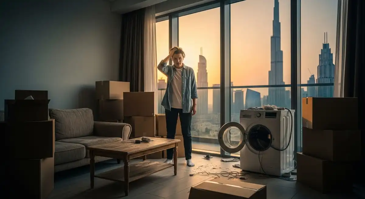 A stressed person standing among piles of old furniture and junk in a modern Dubai apartment with the Burj Khalifa visible through the window.