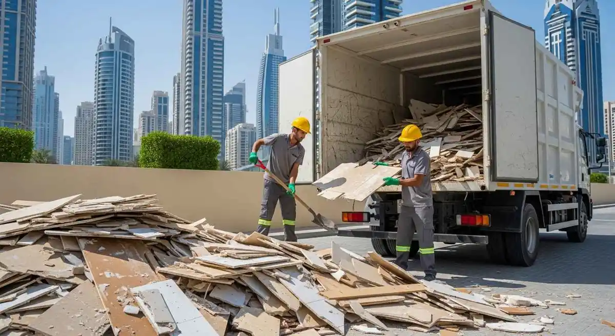 construction debris and renovation waste being collected for disposal in Dubai