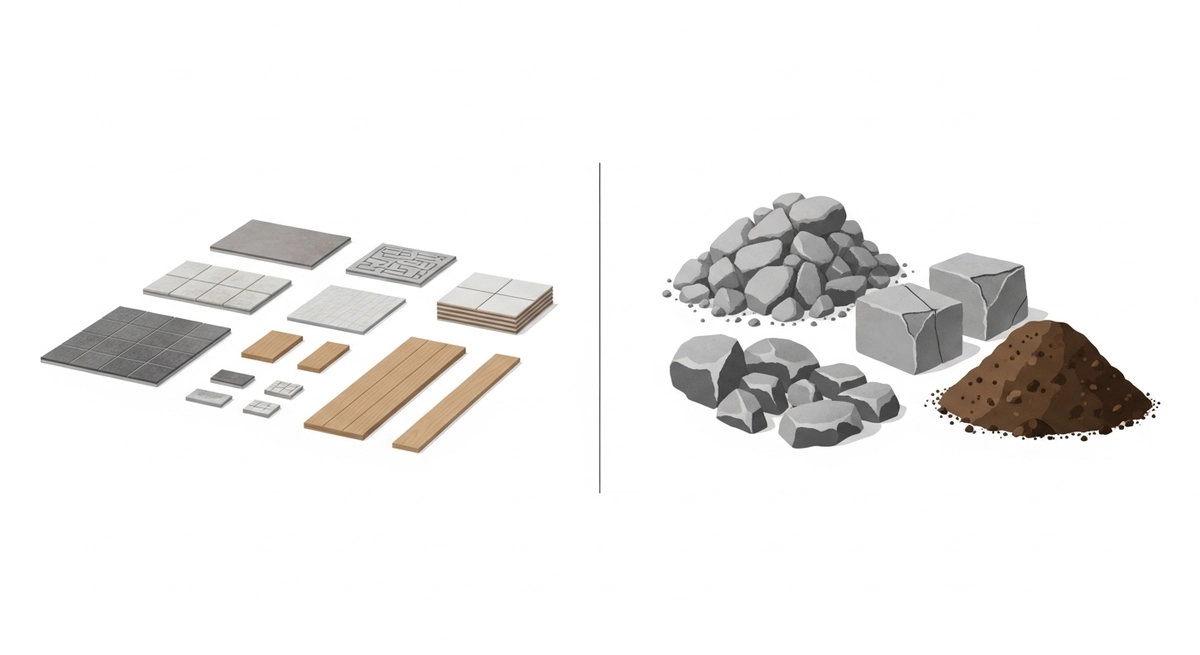 Different types of construction waste showing light debris and heavy materials for removal