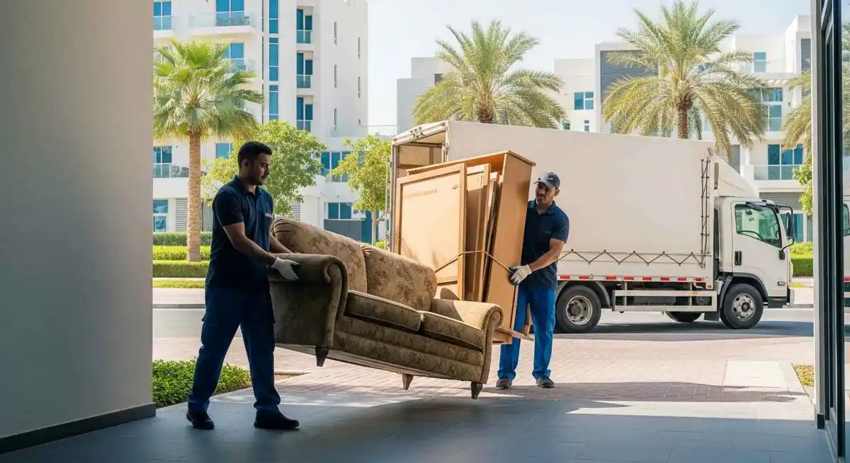 old sofa and furniture being removed from a Dubai apartment for junk removal