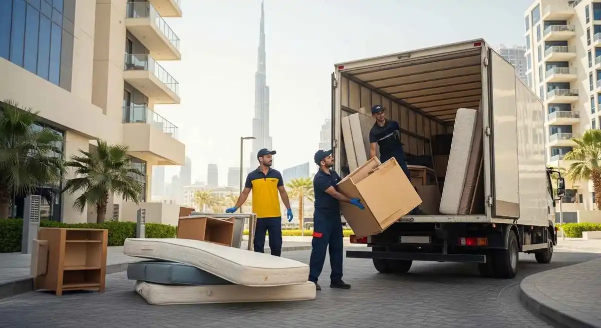 workers loading junk furniture into a truck