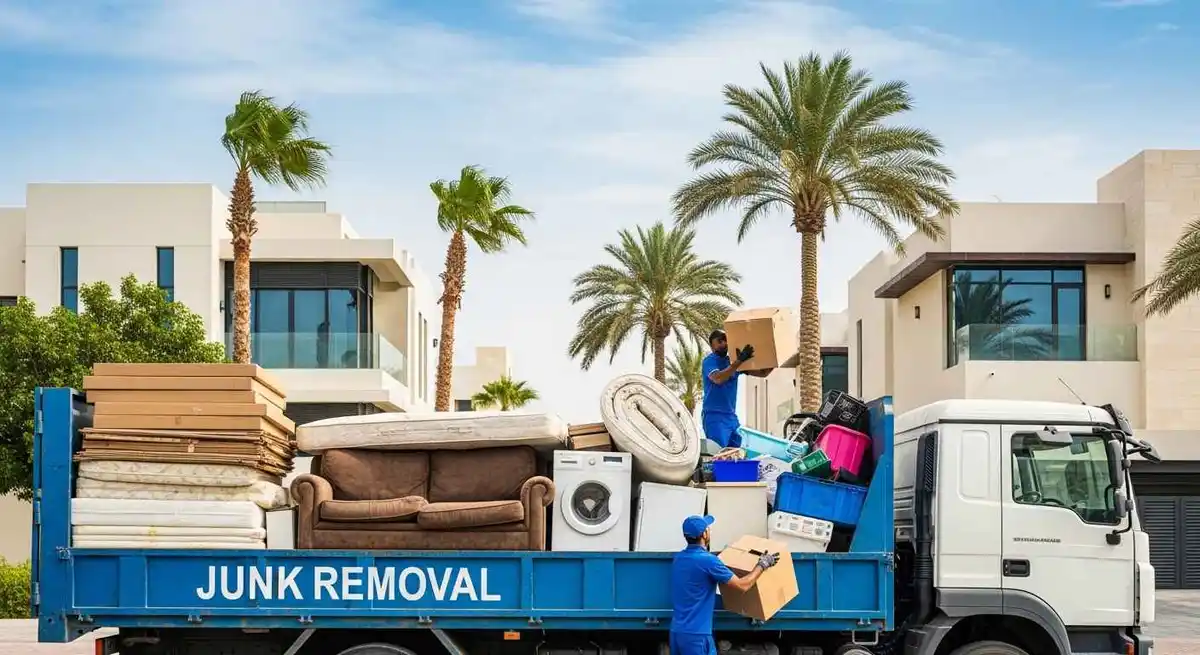 junk removal truck filled with household waste showing typical load size in Dubai